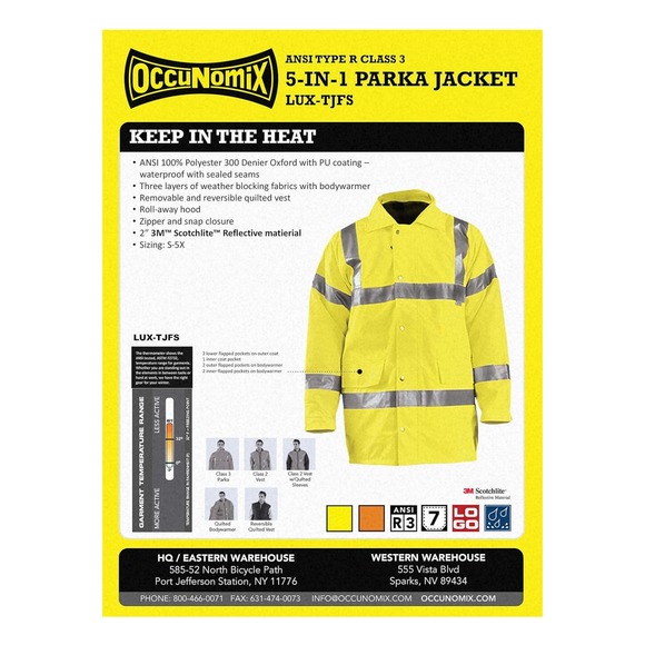 OccuNomix Insulated Safety Jacket - Men's 3XL, ANSI Class 3, Yellow, 36in Length - Picture 7 of 7